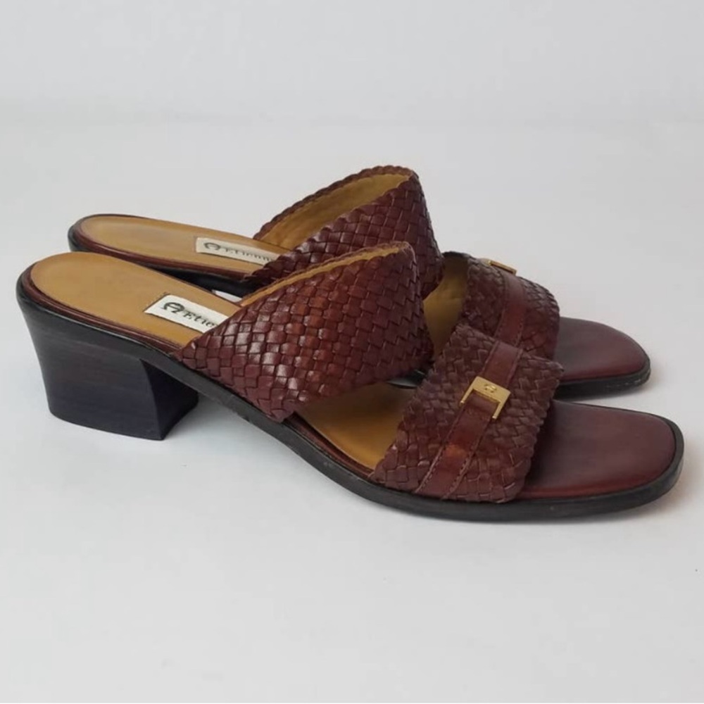 Etienne Aigner Destin Leather Sandals Woven Strap Slide Block Heel 6.5 Narrow
